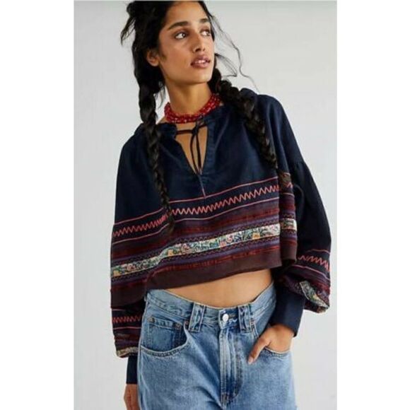 Free people- Poppy Embroidered Top Navy Cropped Bohemian Blouse - Picture 4 of 9